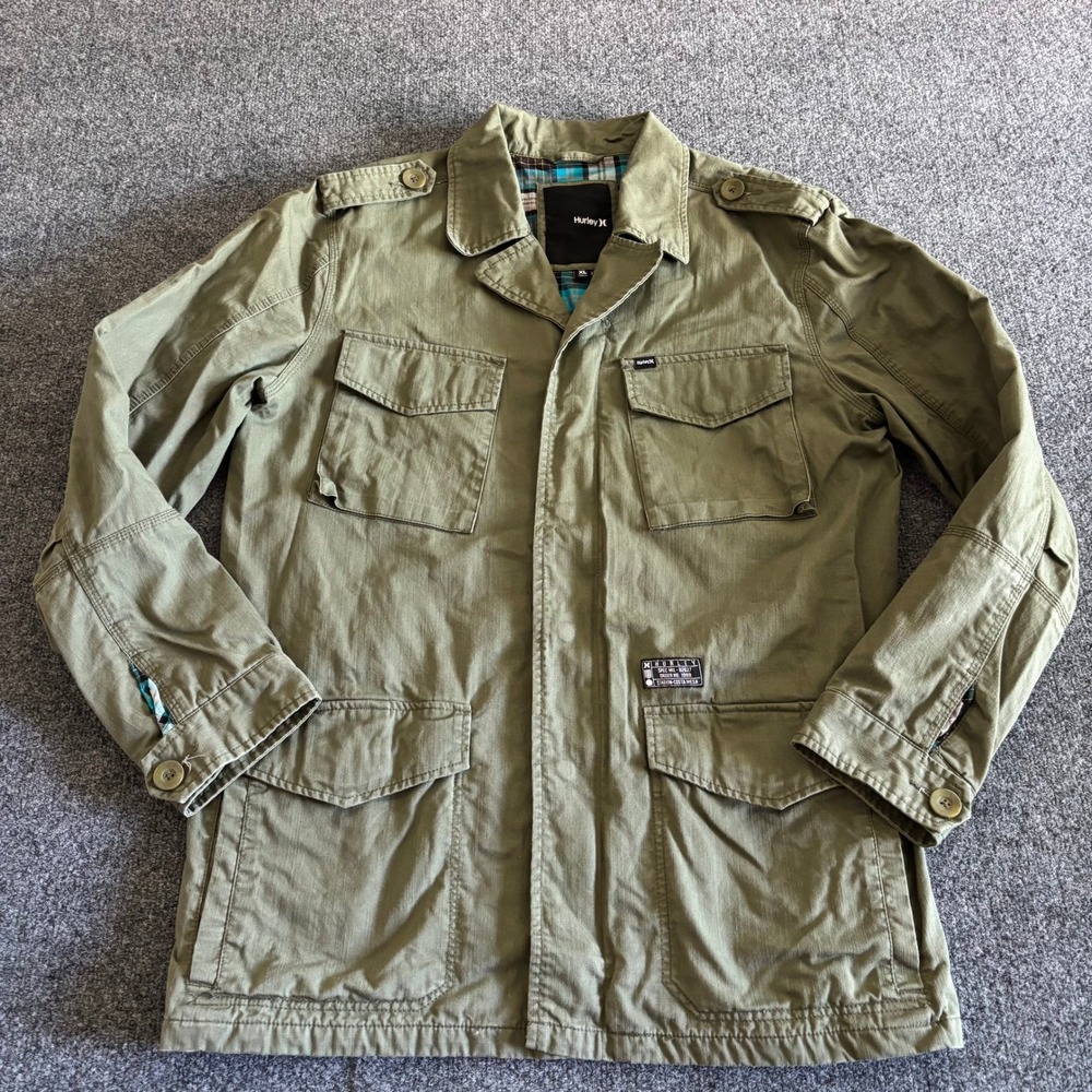 Hurley Mens XL Military Field Jacket Olive Green Plaid Lined Utility Coat